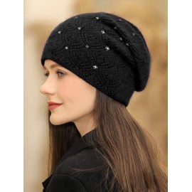 Adigaber Knit Beanie Hat for Ladies Long Skull Cap for Winter Slouchy Beanie with Double Wool Thermal Lining and Drills Black