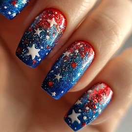 Independence Day Press on Nails Medium Square Fake Nails with Star Designs Blue Red Full Cover Glue on Nails Glossy Acrylic False Nails Summer Stick on Nails for Coquette Women Girls