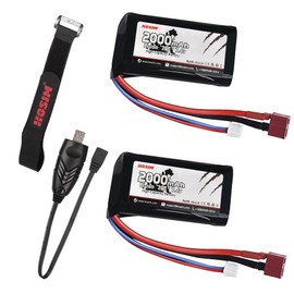 Hosim 2pcs 2S 7.4V 2000mAh 20C T Plug Female Connector Rechargeable Battery,1 Strap Safe & 2AUSB Charger Fast Charging for 9155 9156 Jumper T16 RC Cars Evader BX Truck UAV Drone FPV