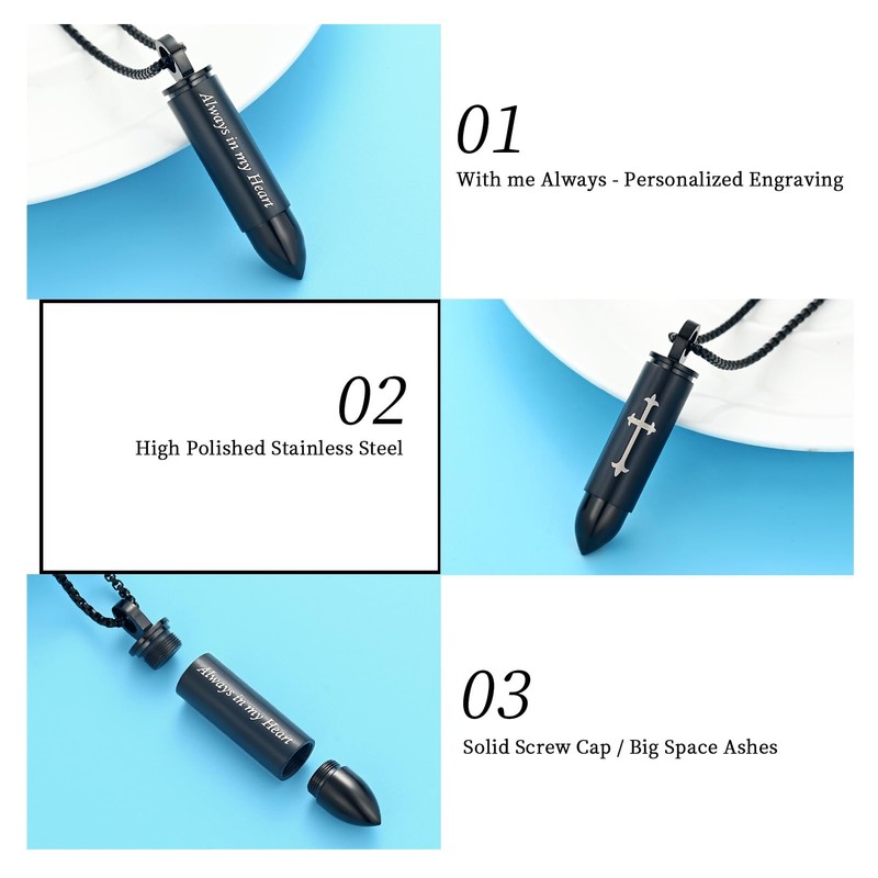 Oinsi Double-Side Engraving Cross &Mom/Dad/Son Keepsake Memorial Jewelry -Black Bullet