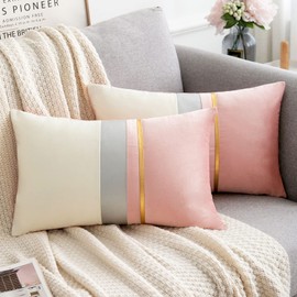 Pink Oblong Cushion Covers 12x20 Inch for Sofa, Gold Silver Leather Patchwork Velvet Throw Pillowcase Decorative Cushions for Office Bedroom Home Accessories, 30cmx50cm, Pack of 2
