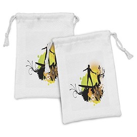 Lunarable Hawaiian Fabric Pouch Set of 2, Surf Design Athlete Youth Culture Sea Water Sports Waves Under Sun, Small Drawstring Bag for Toiletries Masks and Favors, 9" x 6", Yellow Black Apple Green