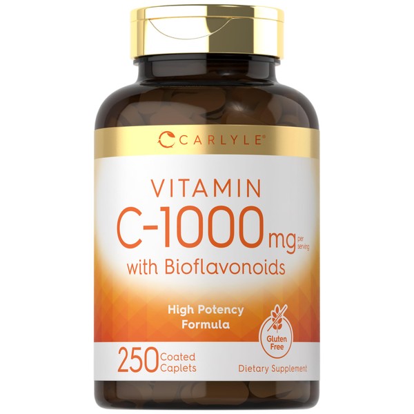 Carlyle Vitamin C 1000mg with Bioflavonoids | 250 Caplets | with Rose Hips | Vegetarian, Non-GMO, Gluten Free