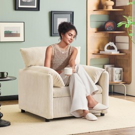 YEEFY Corduroy Single Sofa Chair Modern Upholstered Accent Chair for Reading Comfy Living Room Chairs with Side Pocket Oversized Armchair for Bedroom, Office(Beige)