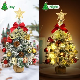 24 Inch Tabletop Snowy Mini Christmas Tree with LED Lights, Small Xmas Tabletop Tree with Christmas Ornaments, Artificial Desktop Xmas Tree with Cloth Bag Base, Best DIY Holiday Party Decorations