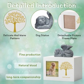 DiDiBirDi Pet Urn for Dog Ashes, Tree Pattern Wooden White Keepsake with Photo Frame, Memory Box with Resin Animal Statue and Sealed Storage Bags (75lbs)