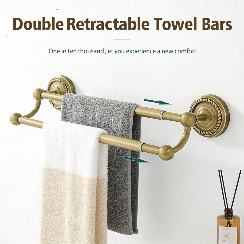 Adjustable Double Towel Bar, Antique Brass Wall Mount Towel Rack
