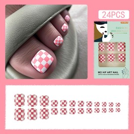 Short Press on Toenails Square Fake Nails with Pink and White Checkerboard Pattern Designs Cute Stick on Toenails Summer Gloss Glue on Toenails Full Cover False Nails for Women Girls 24Pcs