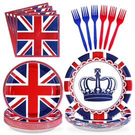Grencian 96 Pcs Britain UK England Flag Birthday Party Paper Plates and Napkins 350 GSM Disposable British Flag Party Supplies Tableware Set for Union Jack Party Decorations Birthday Favors Serves 24