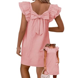 Falechay Sundresses for Women Plus Size Bow Tie Summer Dress Square Neck Short Butterfly Sleeve Casual Womens Dresses Babydoll Tea Party Oversized Flowy Sundress Chiffon Clothes Pink XXL
