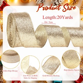 Mindsoft Wired Ribbon Two-Tone Glitter Crinkled Ribbon with Metallic Edge for Gift Wrapping Bow Making Wreaths Garland Wedding Decorations(Champagne,2 Inch X 20 Yards)