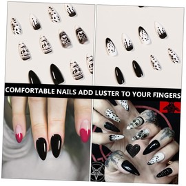 Healeved 24pcs Nail Stickers Women Manicure False Nails Manicure Nail Sticker Matte Nail Wrap French Nail Tip Black Fake Nails Toenails Fingernail Decor False Nail Tips Artificial Plastic