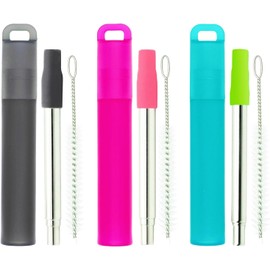 Pajitas Reutilizables De Metal, Paquete De 3 Pajitas De Acero Inoxidable Portátiles Plegables, Con Carcasa De Plástico, Puntas De Silicona Y Cepillo De Limpieza, Pajitas De Bolsillo Portátile