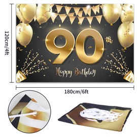 HAMIGAR 6x4ft Happy 90th Birthday Banner Backdrop - 90 Years Old Birthday Decorations Party Supplies for Women Men - Black Gold