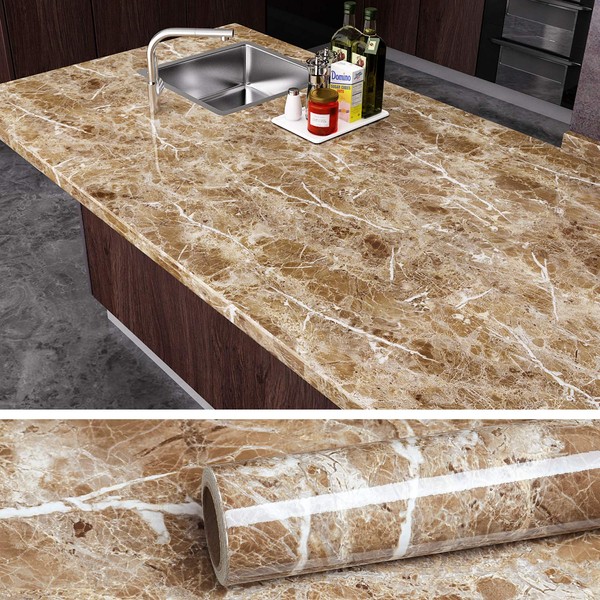 VEELIKE Brown Marble Contact Paper Peel and Stick Countertop Granite Wallpaper for Kitchen Cabinet Vinyl Waterproof Self Adhesive Removable Wall Paper Decorative for Home Decor 15.8"x118"