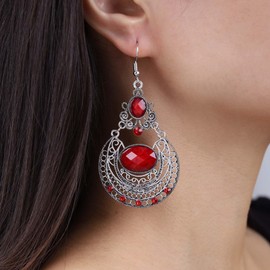 Atentuyi Boho Red Crystal Drop Dangle Earrings Silver Ruby Hook Earrings Big Gypsy Filigree Earrings Indian Tribal Vintage Earrings Retro Oval Gem Earrings Large Statement Earrings