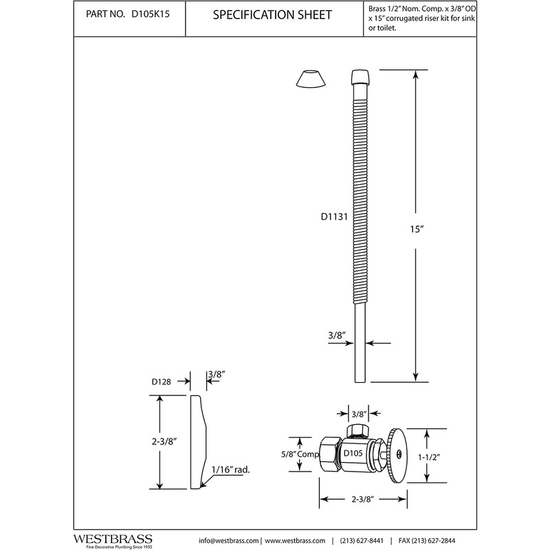 Westbrass D105K15-62 5/8" x 3/8" OD x 15" Corrugated Riser