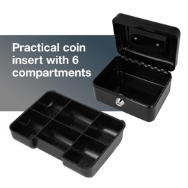 Westcott Lockable Cash Box (compact, 15 cm) Black | Lockable cash box made of sheet steel with 2 keys | Removable coin tray with 6 compartments | E-51000 BLACK