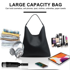 POFUOT Hobo Bags for Women Soft PU Leather Shoulder Handbag high-capacity Slouchy Tote Purses (black)