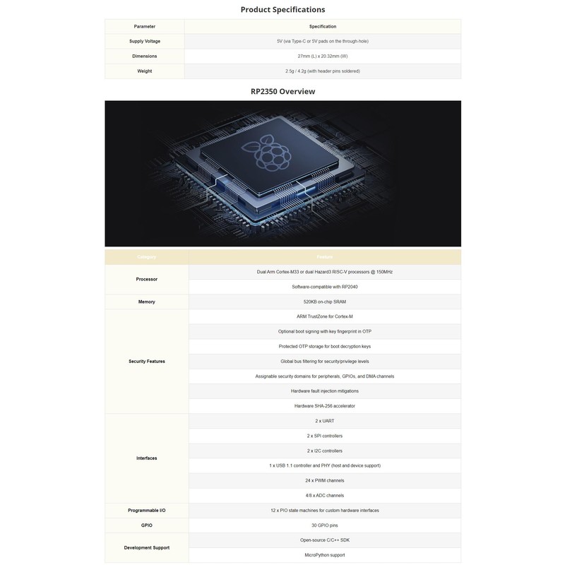 RP2350-MINI Development Board with Pi RP2350A Dual-Core Dual-Architecture Microcontroller, Compact