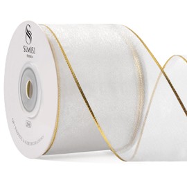 White Christmas Ribbon Wired Sheer Organza Ribbon with Gold Sliver Border for Christmas Tree, 2.5 Inch 25 Yards