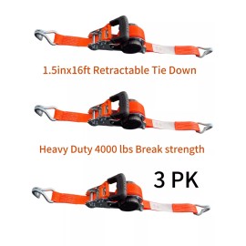 KUMA Retractable Ratchet Tie down Straps 3PK 1,333Lb Break Strength 4,000Lb Work Load