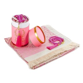 CARPETIA Gebetsteppich Set mit Geschenkbox & 99er Tesbih rosa muslimisches Geschenk faltbar pflegeleicht für Damen Moschee Reisen Zuhause 65 x 110 cm