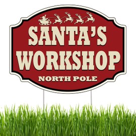 Santa's Workshop North Pole Christmas Classic Yard Sign Home Decor Lawn Decoration With Stakes Happy Holidays Merry Christmas XMAS Holiday Sign Santa Claus