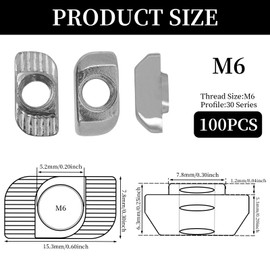 Hevysuo Pack of 100 T-Slot Nuts M6, Hammer Head Nut Carbon Steel, Drop-in T-Slot Nuts, for 30 Series Aluminium Profile, for Aluminium Profile Extrusion Slot Rail, Silver