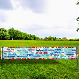 World Flags International Welcome Yard Banner Olympic Party Decorations 64 Countries Flag with 30 Languages Welcome Words Around the World Multicultural Decor Olympic Welcome Banner Yard Sign