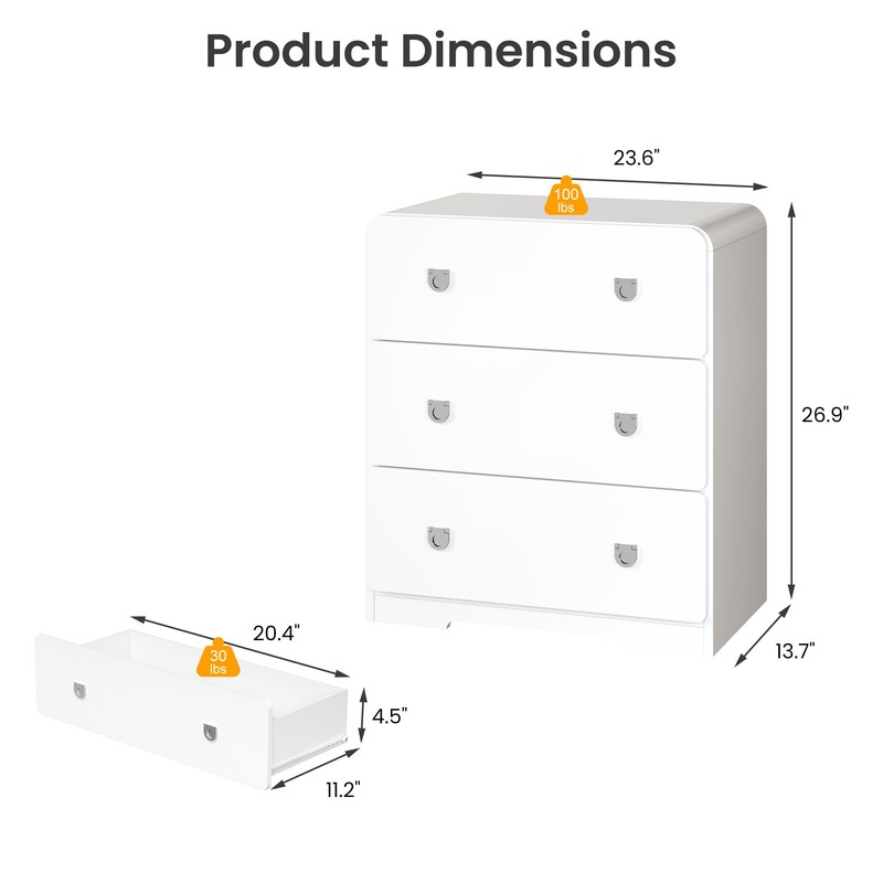 RoyalCraft White 3 Drawer Nightstand, Modern Painted Bedside Table with