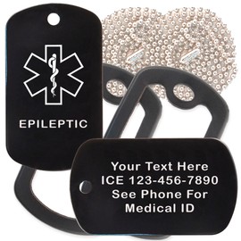 Custom 2 Pack - Epileptic Medical Alert ID Necklaces with Black Custom Tags, Black Silencers, and 30'' USA Chains