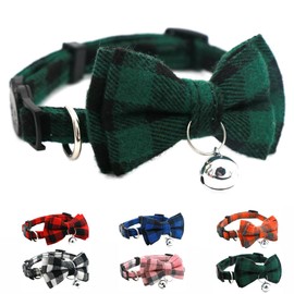 Green Plaid Bow Cat Collar with Bell, Breakaway Dog Bell Collar with Bowtie Christmas Puppy Collars for XXS Xs Small Tiny Little Pet Dogs Boy Girl Kitten, for Hoilday Birthday Party