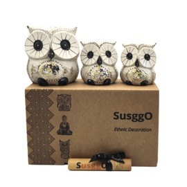 SusggO Set of 3 Decorative Wooden Owls, Decoration, Hand-Carved, Lucky Owl, Craft Idea, Furniture Ornament (White, Silver Details)