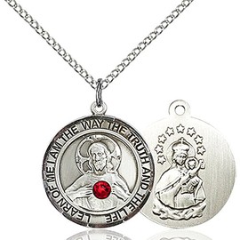 Bonyak Jewelry Saint Medal Collection Sterling Silver Scapular Pendant with 3mm July Red Crystal 3/4 x 5/8 inches with 18 inch Sterling Silver Curb Chain