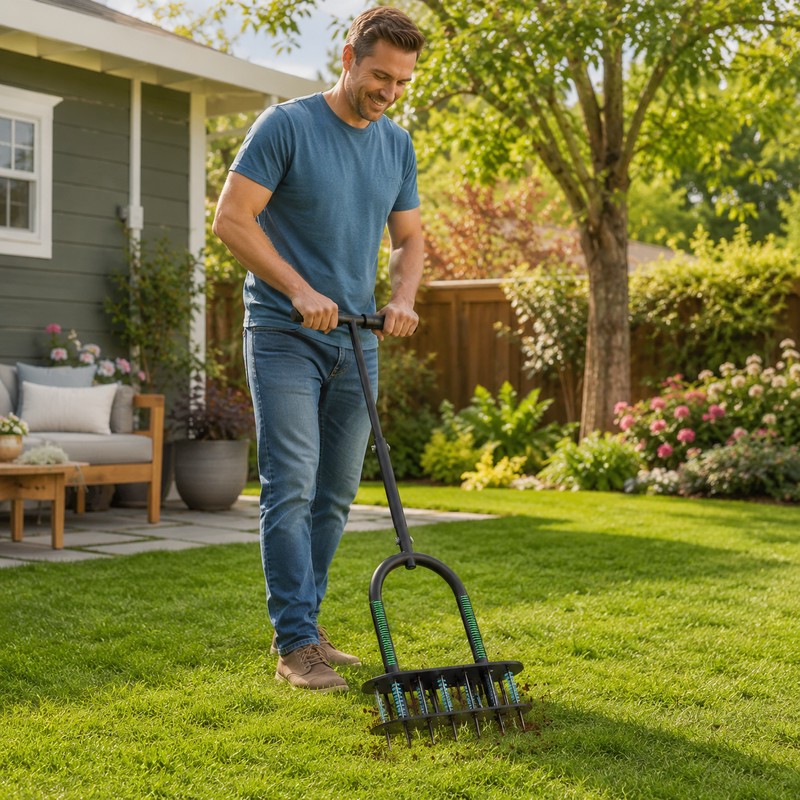 Manual Lawn Aerator for Soil Care – 15-Spike Adjustable Yard