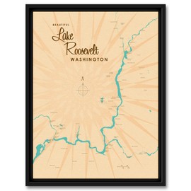 Lake Roosevelt Washington Vintage-Style Map Professionally Framed Giclee Archival Canvas Wall Art for Home & Office by Lakebound (9" x 12")