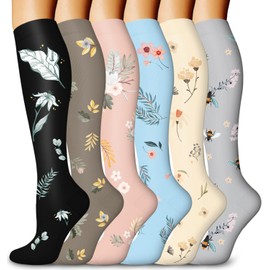 DHSO 6 Pairs Graduated Compression Socks for Women and Men 15-20 mmHg, Compression Stockings for Swelling, Running, Hiking, Travel, Nursing(6 Pack Black/Gray/Flowers, Large-X-Large)