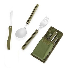 BlueSunshine Compact Foldable Cutlery Utensil Set for Travel Outdoor Camping Hiking Picnic BBQ Fishing, 3-in-1 Fork Knife Spoon Portable Pocket Tableware Set in Canvas Carry Pouch