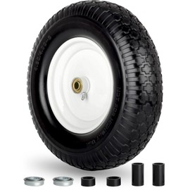 GICOOL 16" Flat-Free Solid Tire and Wheel, 4.80/4.00-8" Wheelbarrow Tire, 3-6" Centered Hub, 5/8" & 3/4" Bearing, For Broadcast Spreader Garden Wagon Cart Trolley Dolly Lawn Mover (1 Pack)