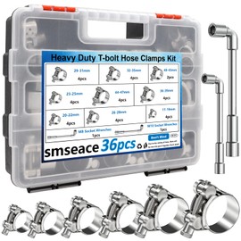 smseace 36Pcs 17-47mm T-bolt Hose Clamps 304 Stainless Steel 9-sizes Heavy Duty T bolt Hose Clamps with M8 and M10 Socket Wrenches
