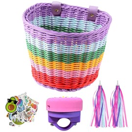 Children's Bicycle Basket, Braided Bicycle Basket for Girls and Children, Front, Plastic, with Leather Straps, Streamers, Bell, Bicycle Decoration Accessory Set for Girls