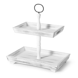 CXCJAI Decorative Tray Two Tiered Tray Stand for Easter Decor Wood Serving Trays for Farmhouse Kitchen Coffee Cupcake Food Fruits Display and Party White Rectangular Home Decor,White Rectangular