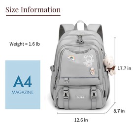 ULPOCMU Cute School Laptop Backpack with Large Capacity Multiple Pockets for Girls Travel Friendly with Luggage Strap Accessory Included (Grey)