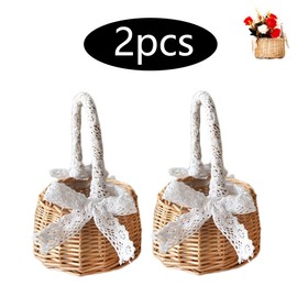 Dtoterul Flower Basket Wedding Pack of 2 Mini Braided Flower Basket Small Wicker Basket Rattan Basket Scatter Basket Woven Baskets Fruit Basket Handle Basket Storage Basket for Wedding Table