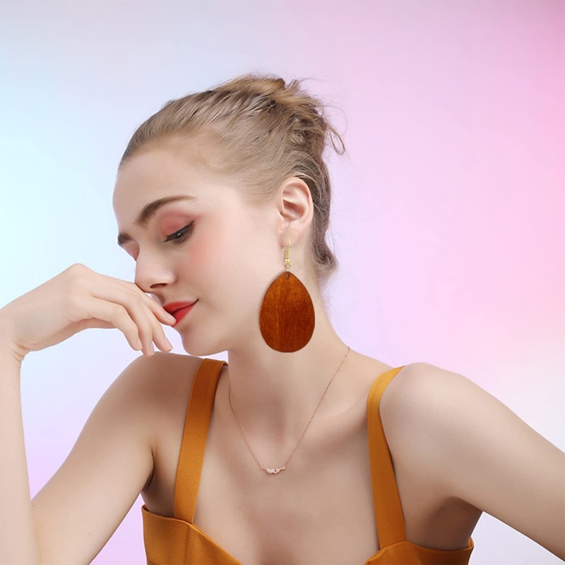 KaFu Dangle Natural Wood Teardrop Geometric Circle Earrings Stainless Steel