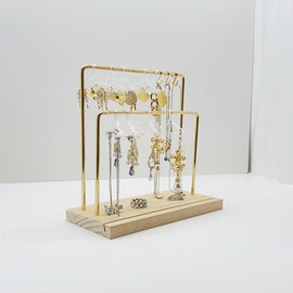 Lemonades Earring Hanger Holder Rack Tabletop Jewelry Display Stand, Unique 2-Layers Metal Hanging Earring Towers Mini Earring Holder with Wood Base