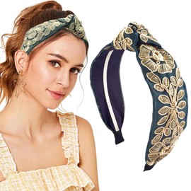 Floral Embroidery Headbands for Women Girls,Vintage Ethnic Style Wide Knot Hair Accessories,Cute Spring Summer Floral Hairband (Green)