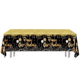 Zmupl Black Gold Birthday Table Cloth, Happy Birthday Tablecloth 137x274cm Rectangle Birthday Party Decorations Disposable Table Cover Photo Props Decor Supplies for Women Men