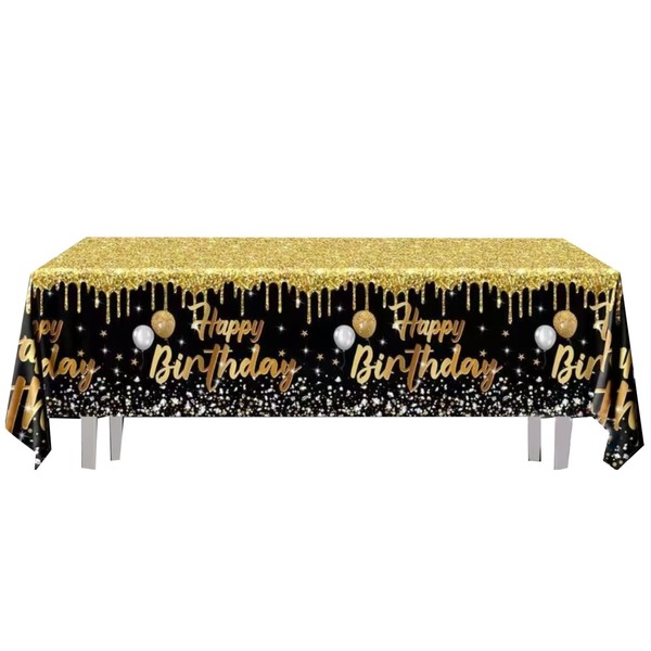 Zmupl Black Gold Birthday Table Cloth, Happy Birthday Tablecloth 137x274cm